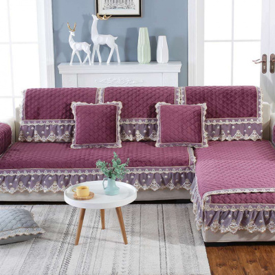 沙发垫冬季毛绒布艺欧式客厅防滑沙发套四季通用沙发罩巾 欧莱雅-紫红色 60*70