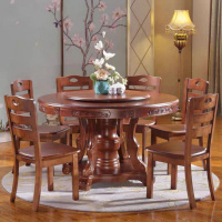 实木餐桌椅组合中式圆形饭桌家用10人带转盘花1.8米橡木大圆桌 雕花圆桌(胡桃色) 1.5m单桌送0.9m转盘
