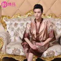 夏季男士长款短袖丝绸睡袍高贵春秋长袖浴袍丝质睡衣夏和服加大码