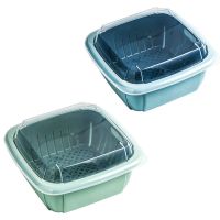 厨房果蔬沥水篮双层家用带盖洗水果篮洗菜篮水果盘冰箱保鲜盒家用|天蓝色+抹茶绿