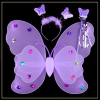 天使翅膀儿童演出道具女童蓬蓬裙天使双层蝴蝶翅膀发光玩具魔法棒|紫色 四件套(不发光)