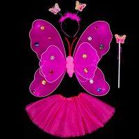 儿童小蜜蜂道具背发光天使蝴蝶演出服装魔法棒奇妙仙子小瓢虫翅膀|蝴蝶翅膀双层四件套玫红