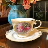骨瓷咖啡杯套装家用简约英式下午茶茶具欧式花茶杯送架子送勺带碟|浮雕油画 二杯二盘