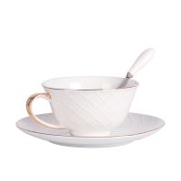 欧式小奢华咖啡杯套装高档骨瓷浮雕马克陶瓷杯家用下午茶杯子碟勺|菱格款式 1杯+1碟+1勺