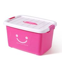 食品级衣服玩具收纳箱透明整理箱子塑料收纳盒有盖带手提储物箱子|新款玫红笑脸 手提小号:28*21*17厘米