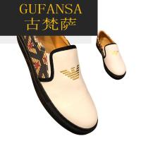 GUFANSA法国奢侈品牌 欧洲上流名士高端品牌联名利登阿玛尼印花一脚蹬男真皮套脚乐福鞋休闲皮鞋懒人潮鞋