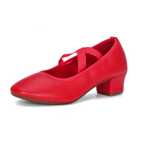 跳舞鞋女夏季交谊广场鞋真皮软底室外中跟舞蹈鞋红色广场舞鞋N7|红色全皮 36
