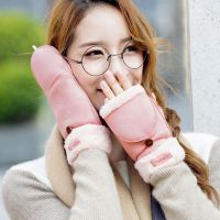 女士冬季麂皮绒保暖手套 韩版学生纯色翻盖半指加绒加厚毛绒手套(颜色随机)15-