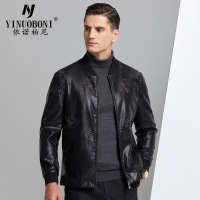 2020春装装韩版青年男式棒球领皮衣薄潮印花皮夹克男短款高品质外套
