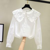 女童春秋衬衫2020新款韩版洋气长袖白衬衫儿童蕾丝娃娃领打底上衣