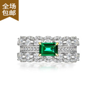 Chunmi精致秀气款双排满钻蕾丝1克拉祖母绿钻石戒指女925银银高碳钻二厂