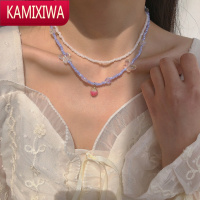 KAMIXIWA粉色水蜜桃~双层蓝色串珠蝴蝶项链2022年春季新款少女甜美锁骨链