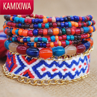 KAMIXIWA波西米亚编织手环彩色多层串珠手链女云南民族风手工流苏米珠饰品