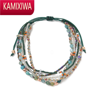 KAMIXIWA小众设计ins波西米亚复古松石水晶米珠多层抽拉手链女夏