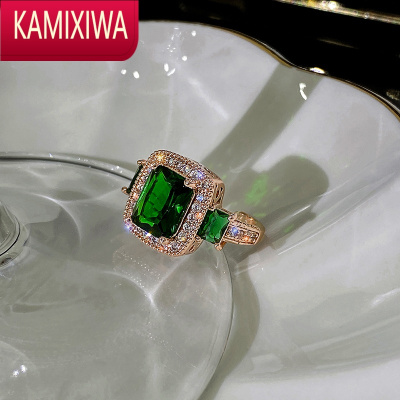 KAMIXIWA绿宝石水钻戒指女时尚个性ins潮简约轻奢小方戒小众设计食指指环