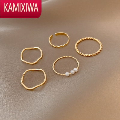KAMIXIWA小众设计素圈珍珠叠戴情侣戒指ins潮时尚个性五件套简约食指戒
