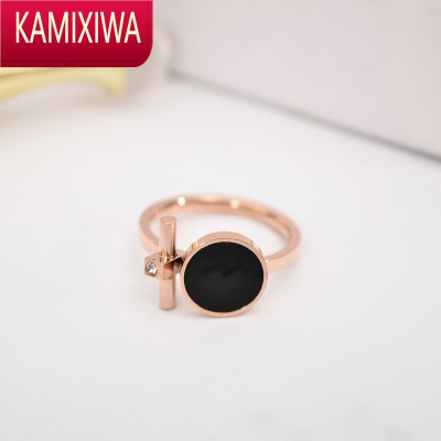 KAMIXIWA日韩版个性钛钢镀玫瑰金戒指女款黑色圆形食指环戒子潮配饰品