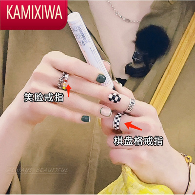 KAMIXIWA花儿与少年杨幂戒指女设计小众棋盘格食指彩色串珠笑脸指环潮