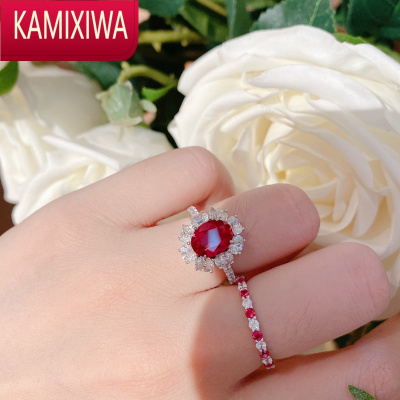 KAMIXIWA珠宝感2克拉围镶红宝石蛋形丝绒感红刚玉钻石戒指可过测钻笔银