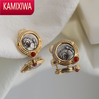 KAMIXIWATU JEWELRY 古希腊狮子仿古币耳钉女复古红绿玛瑙999银钱币耳环