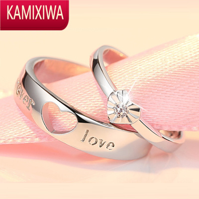 KAMIXIWA情侣戒指银一对可调节对戒心形设计小众刻字生日520礼物送女友