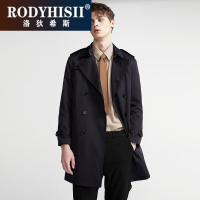 RODYHISII品牌欧美风男士风衣中长款2023春季新款双排扣英伦风修身黑色翻领外套
