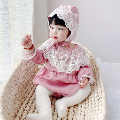 罗町 童装2021春款韩版新生宝宝连体衣蕾丝三角爬服包屁衣可爱婴儿服装