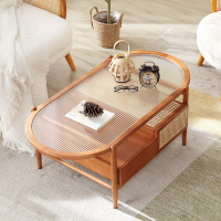 迪玛森茶几藤编双层小户型长虹玻璃茶桌现代客厅家用白蜡木矮桌aNJ
