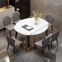韵美舞灵岩板餐桌组合现代简约可伸缩长方形变圆桌折叠小户型家用饭桌椅子