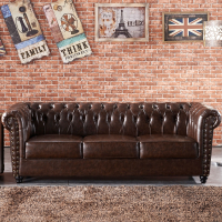 英伦风办公室拉扣沙发美式复古接待商用咖啡厅直排客厅真皮沙发