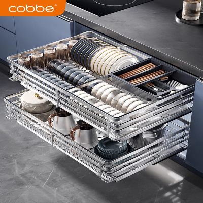 卡贝(cobbe)不锈钢抽屉式碗篮厨房橱柜内双层抽拉蓝收纳厨柜碗碟拉篮