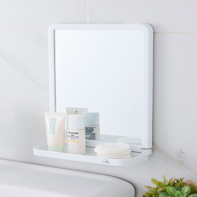 厕所浴室小镜子化妆镜挂墙自粘贴洗手间壁挂免打孔卫生间带置物架