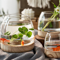 透明玻璃鱼缸米妮创意圆形办公室木托斗鱼缸小型客厅家用生态小金鱼缸