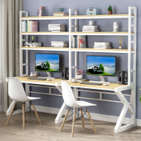 双人电脑书桌手逗台式家用办公桌书架一体整墙简易学习桌子书柜写字台