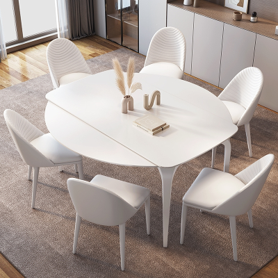 知渡奶油风纯白色系岩板餐桌方圆两用伸缩可变折叠时尚新款