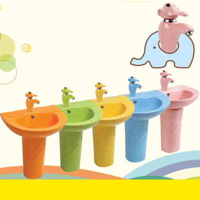 儿童彩色立柱盆陶瓷洗手盆洗脸盆藤印象卡通落地式幼儿园学校洗手台水池
