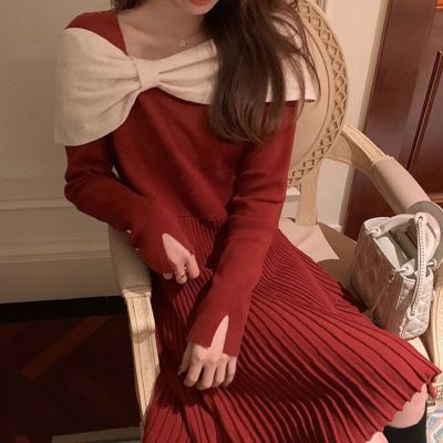女装2020新款冬装法式毛衣裙圣诞红色百褶裙针织打底连衣裙子秋冬衫伊格