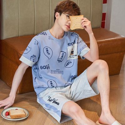 睡衣男夏季短袖短裤两件套棉质韩版卡通睡衣男薄款青年家居服套装衫伊格