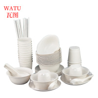 瓦图 可降解套装 稻壳一次性餐具 碗碟杯筷勺桌布七件套 白色款 100套装