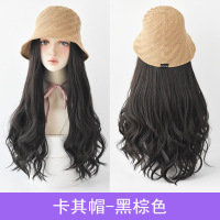 定制帽子假发一体自然时尚蓬松长卷发韩版发型假发女长发|卡其帽--黑棕色53cm