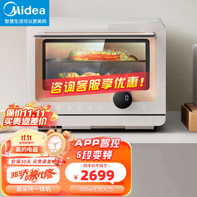 美的(Midea)mini微蒸烤一体机 不锈钢微波炉电蒸箱电烤箱多功能 变频大火力脱脂减盐蒸烤PG2010W