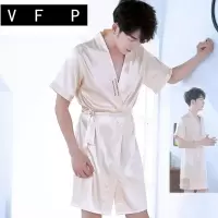 。睡袍男夏季冰丝短袖薄款性感丝绸浴袍浴衣男士夏天丝质睡衣家居