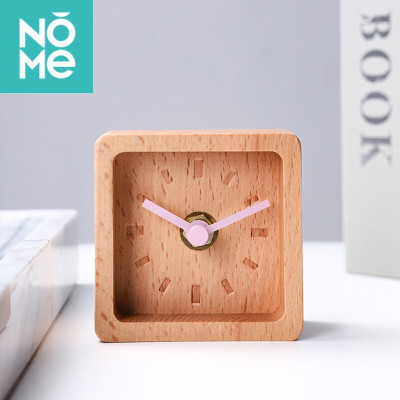 NOME北欧方形实木座钟 桌面摆件创意家用钟表时钟床头柜摆件摆设 北欧方形实木座钟-粉色指针