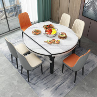 甄沐岩板餐桌现代简约家用小户型折叠餐桌椅组合大理石伸缩实木饭圆桌