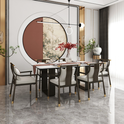 是尚 新中式餐桌椅实木大理石组合轻奢简约现代家用长方形饭桌餐椅家具