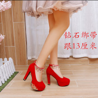 苏芈中式婚鞋女红色高跟鞋粗跟结婚鞋子水钻新娘鞋秀禾敬酒红鞋