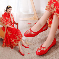 苏芈红鞋婚鞋女红色平底圆头新娘鞋中式孕妇舒适刺绣结婚鞋敬酒秀禾鞋