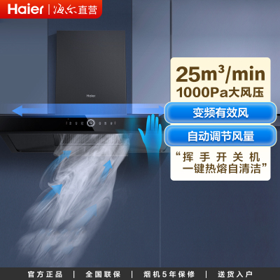 海尔(Haier)抽油烟机 欧式顶吸 家用变频有效风 25立方 1000pa 挥手智控 一键热熔洗 E900T29U1