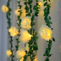 LED彩灯玫瑰花灯串仿真绿叶藤条花园圣诞节日房间装饰灯氛围灯 玫瑰花藤条{ 暖光} 1.5米10灯电池款 常亮
