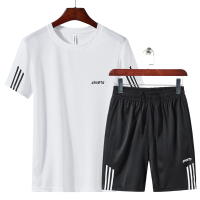 男士夏季透气三条杠字母套装休闲运动跑步短袖短裤